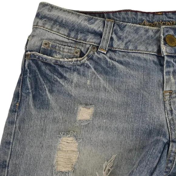 Vintage Y2K American Eagle Jean Shorts Blue Distressed Raw Low Rise Size 4 - Picture 2 of 9